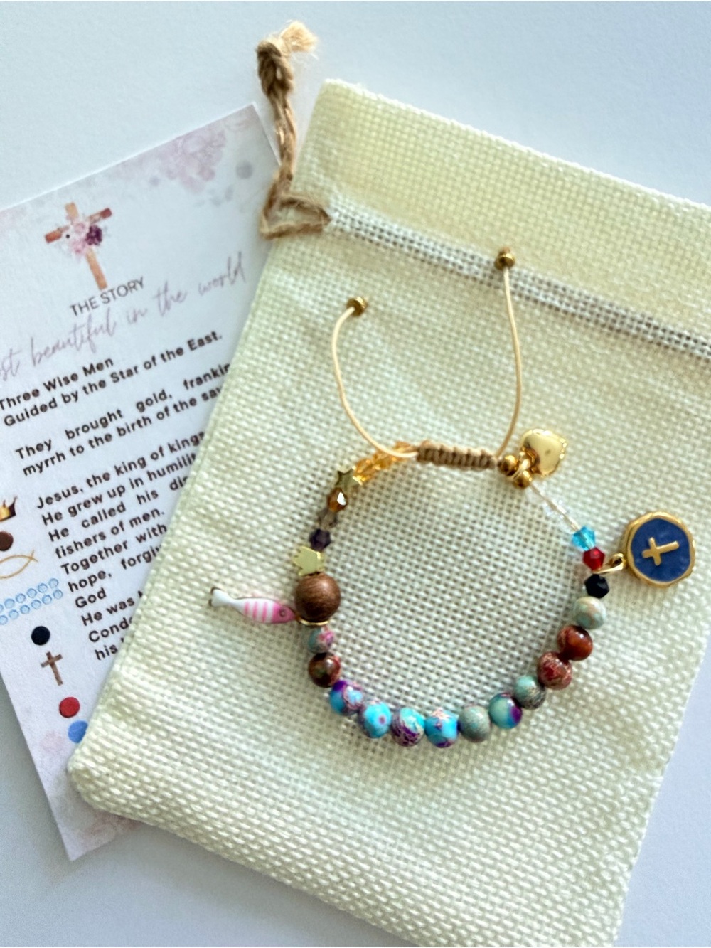 Hand Crafted Gold Multicolor Beaded Charm Bracelet with Blue Cross Disc - Picture 3 of 5